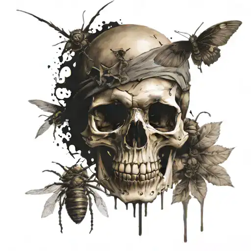 Decomposing Skull With Two Flies On Top And An Empty Banner Under It