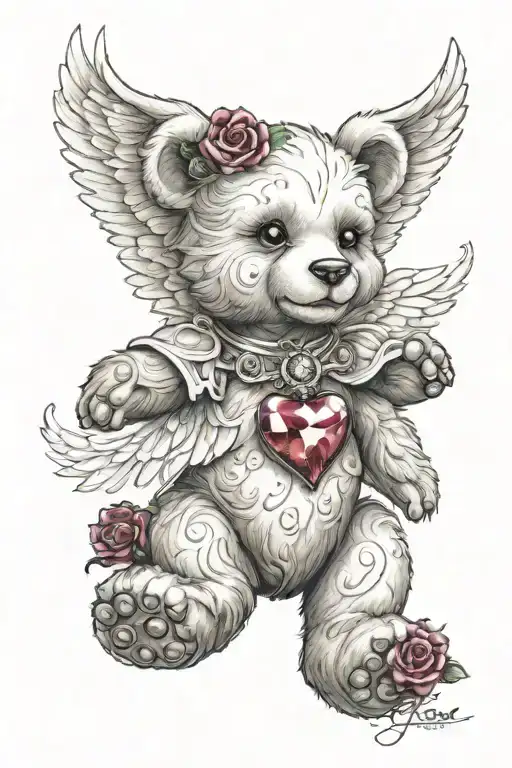 Create A Colourful Tattoo Design Of A Teddy Bear With Angel Wings And A Heart Gem