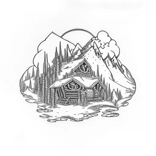 Forest Scene With Cabin With Mountains Above And A Dragon Protecting Two Hatchlings On Mountainside