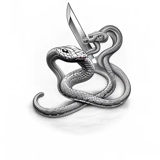 Snake Around A Dagger With Open Mouth Going Up To The Left