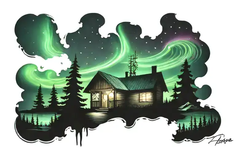 Northern Lights With A Little House In Background