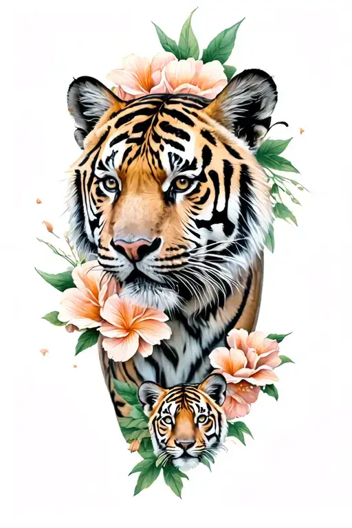 Tiger And Multiple Cubs Tattoo Featuring Flowers