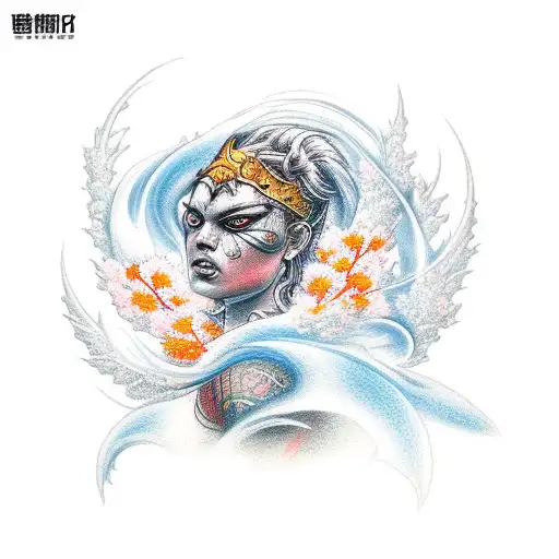 Warrior On Fire Surrounded By Sakura Flowers And Waves