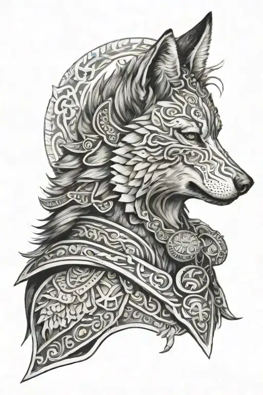 An Intricate Tattoo Featuring The Head Of An Ancient Dacian Wolf And The Armor Of A Japanese Samurai