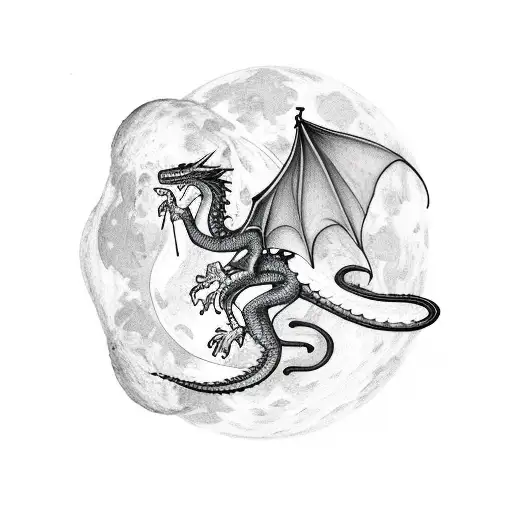Dragon On The Moon With His Baby Dragons