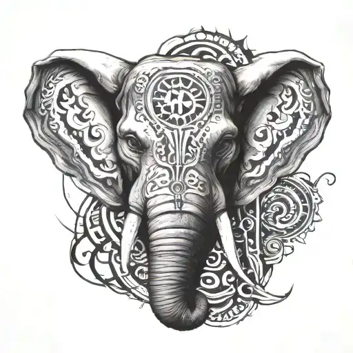 Create An Tattoo Design Inspired By Elephant And Wolf Face With Tribal Symbols
