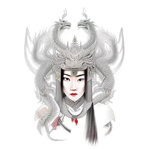 Beautiful Female Chinese Warrior With Sword Covering Half Of Face With Dragon In Background