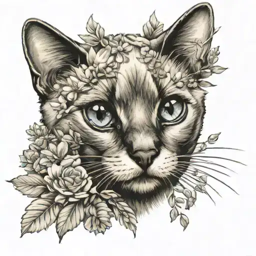 Siamese Cat With Branches Of Leaves And Flowers
