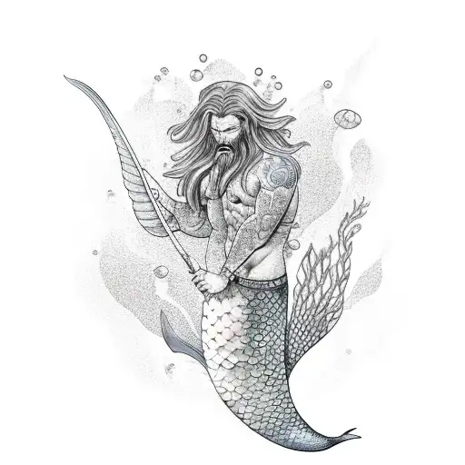 A Male Mermaid In The Sea Of Japanese Style