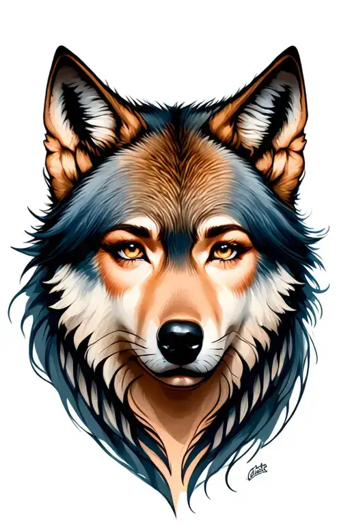 Beautiful Woman Face And Wolf Head
