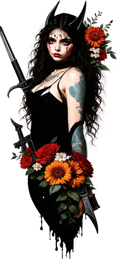 Girl With Weapons And Flowers Evil With Shadows