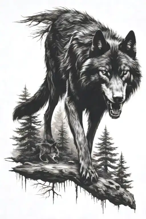 Ferocious Black Evil Wolf In The Forest With Woman