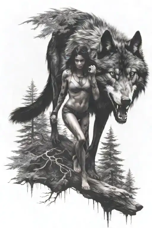 Ferocious Black Evil Wolf In The Forest With Woman