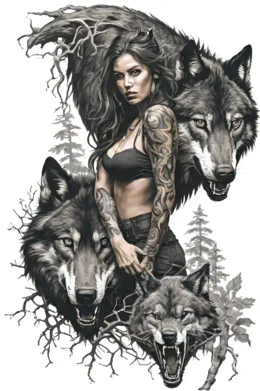 Ferocious Black Evil Wolf In The Forest With Beautiful Woman