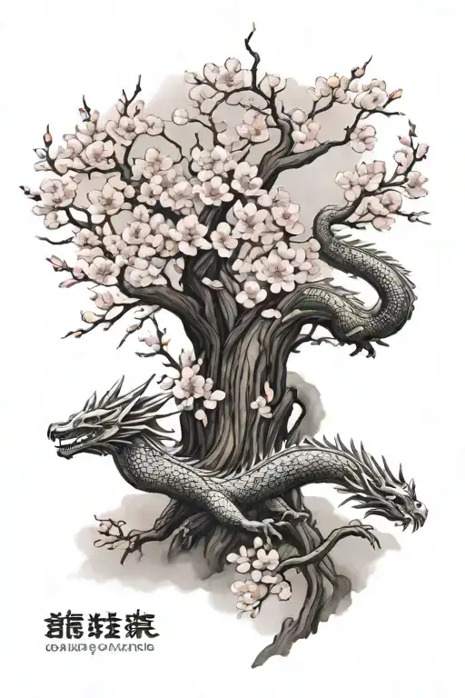 Cherry Blossom Tree And Dragon Flying