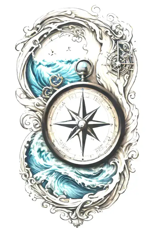 A Compass With Ocean Waves Flowing