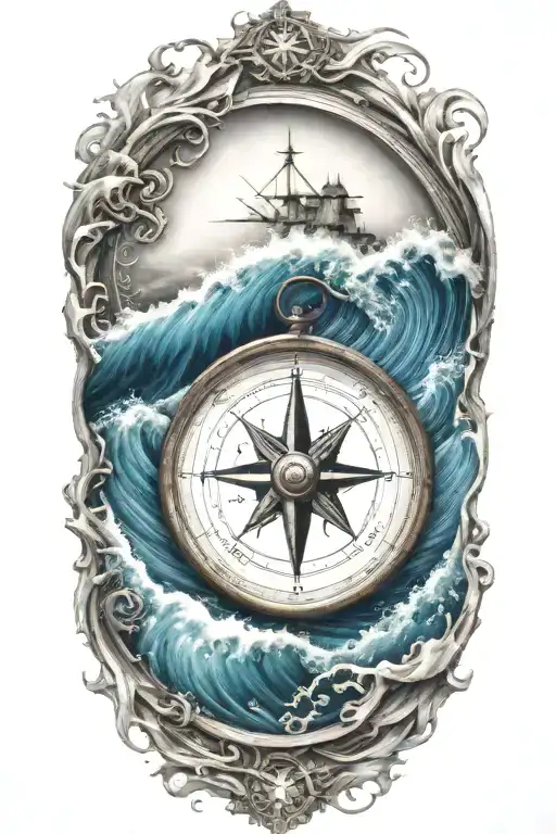 A Compass With Ocean Waves Flowing Like Tube Wave
