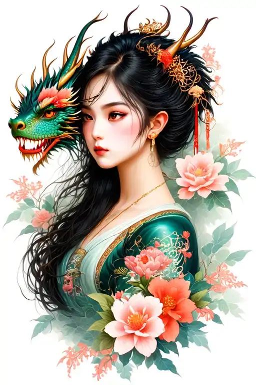 Japan Realism Girl Dragon Flowers