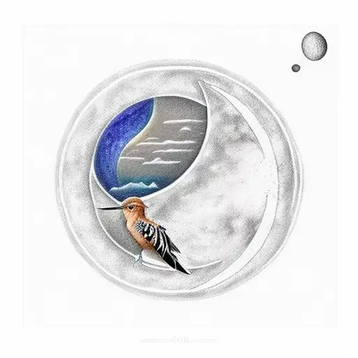 A Hoopoe Bird Flying Over A Serene Ocean Landscape With A Crescent Moon In The Sky