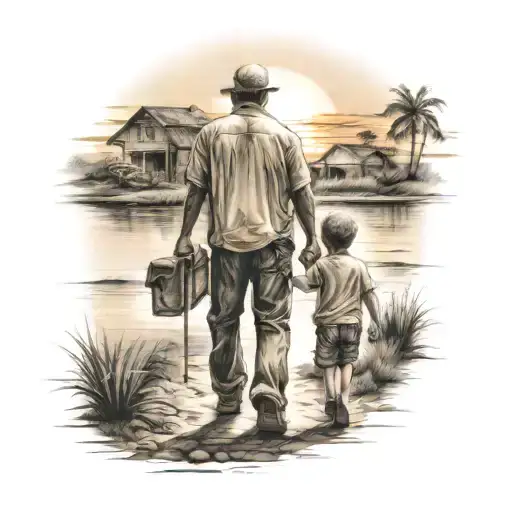 Father And Son Walking To The Sunset