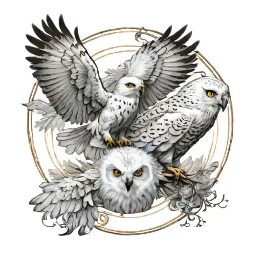 A Phoenix And A Snowy Owl Flying Together In A Circle