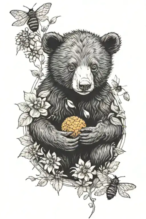 Black Bear Cub Holding Honey Nest With Bees