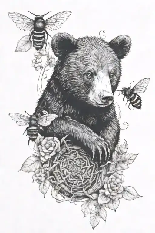 Black Bear Cub Holding Honey Nest With Bees