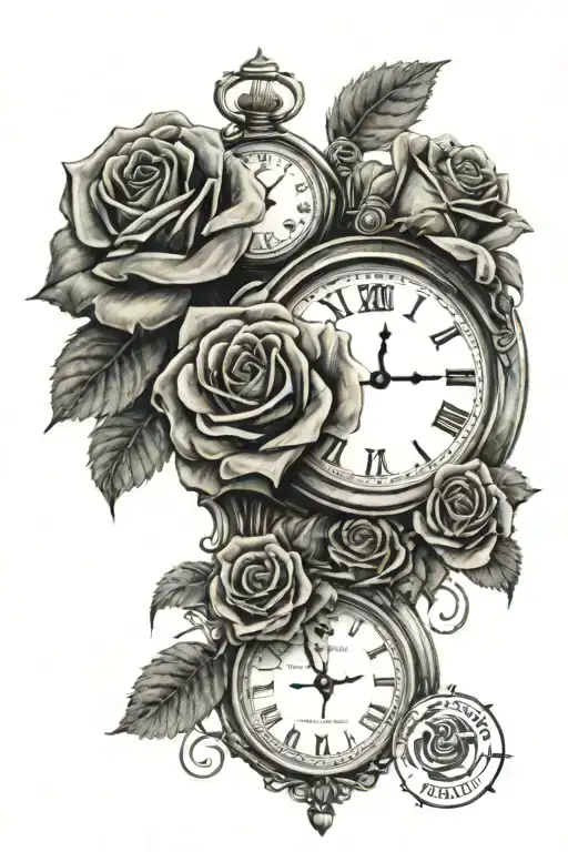 Clock On Top With 3 Roses Underneath Stacked And A Name Under Each Rose