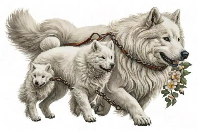 White Samoyedo Held On A Leash By Two Small Children As He Runs Towards A Flower