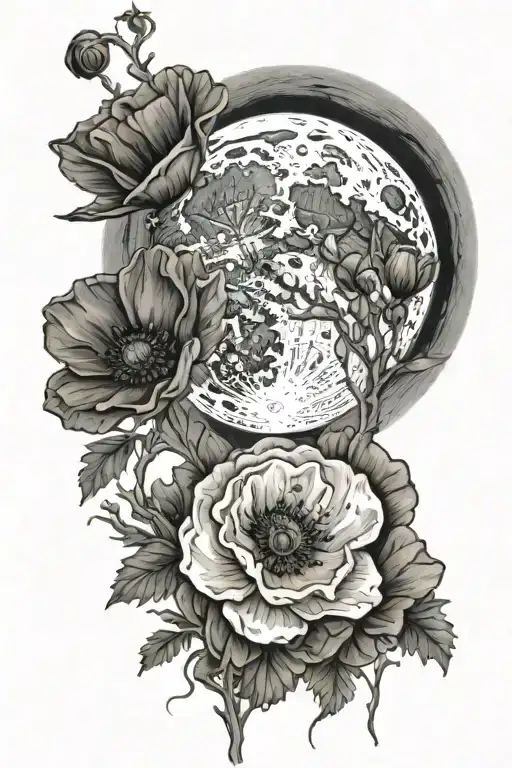 Full Moon And Poppies Blooming