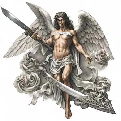 Cross With Angel Holding A Sword