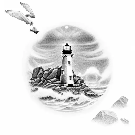 Lighthouse On Rocks With Lightstrobe