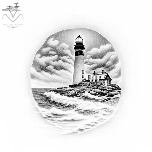 Lighthouse On Rocks With Lightstrobe And A Boat