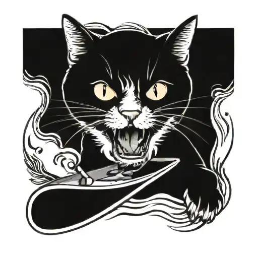 A Realistic Portrait Of A Cat Wakeboarding With A Chef's Knife In Its Mouth