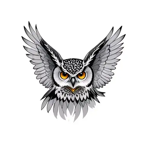 Realism Owl On Throat Black And Gray With Wings Spread Out
