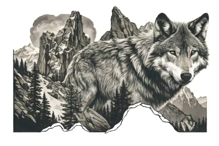 Wolf And Cliff Overlooking Mountains