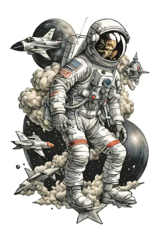 Space Astronaut Sitting Clouds Stars Rocket Ship Blasting