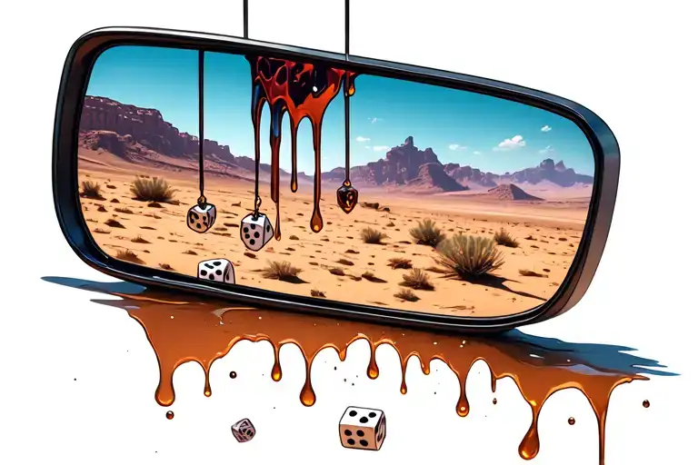Rear View Mirror Reflecting The Desert Landscape With Melted Hanging Dice Hanging From The Mirror
