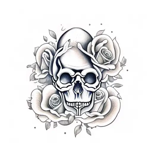 Skull With Mushrooms And Roses