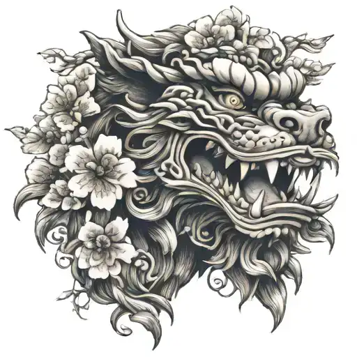 Foo Dog With Mouth Open And Cherry Blossoms As Background