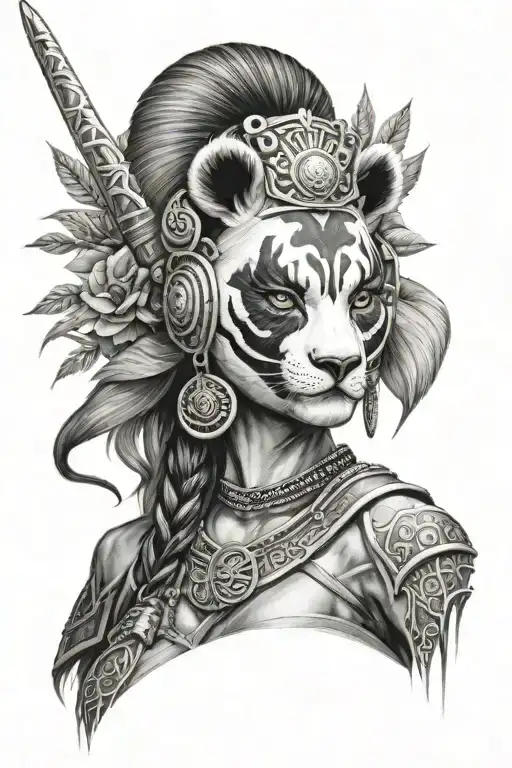 Warrior Woman With Panda Face On Her Head