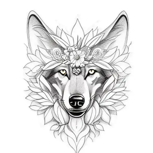 Black And White Wolf With Flower Crown