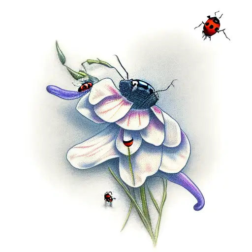 Sweet Pea And Larkspur Flowers Intertwined With A Ladybug On Them