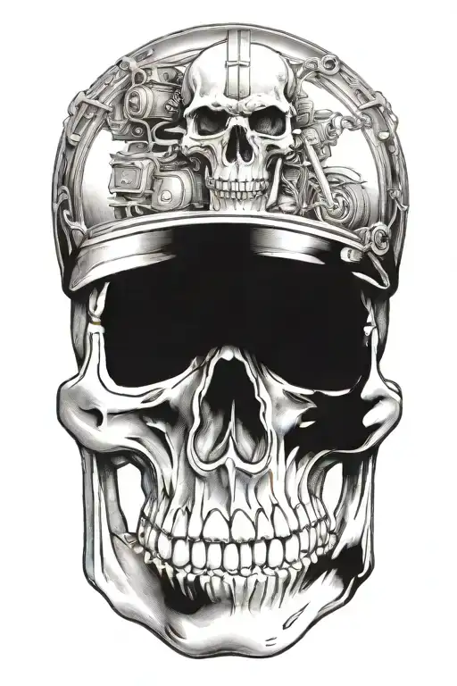 Viking Skull With A Train And Harley Davidson In The Background