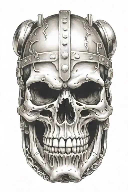Viking Skull With A Train And Harley Davidson In The Background