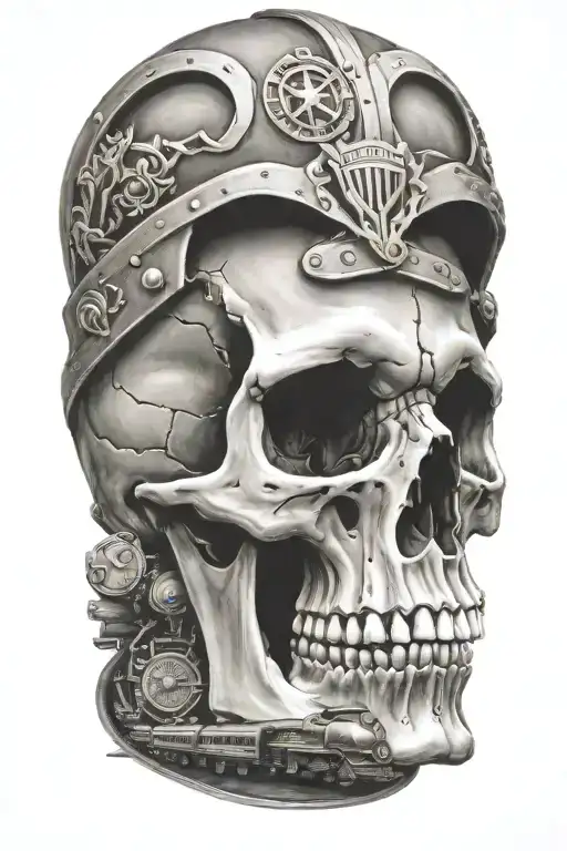 Viking Skull With A Train And Harley Davidson In The Background