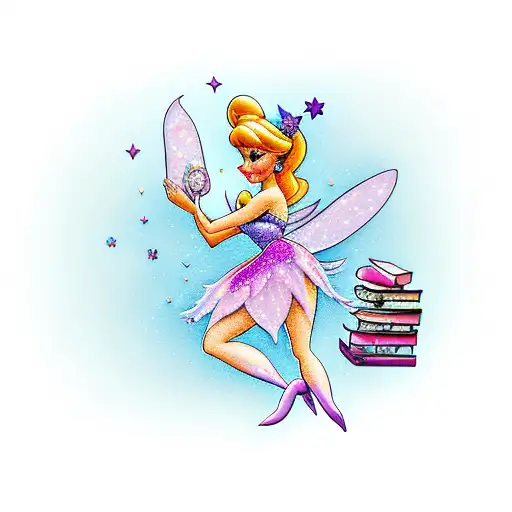 A Whimsical Tinker Bell Reading A Book Surrounded By Pink And Purple Sparkles