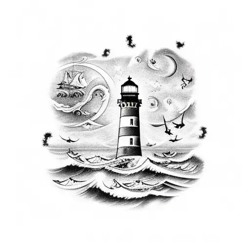 A Lighthouse Guiding A Pirate Ship Through Treacherous Waters Under A Starry Night Sky