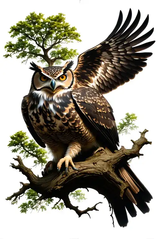Twisting Oak Tree With Menacing Great Horned Owl In Dark Realism