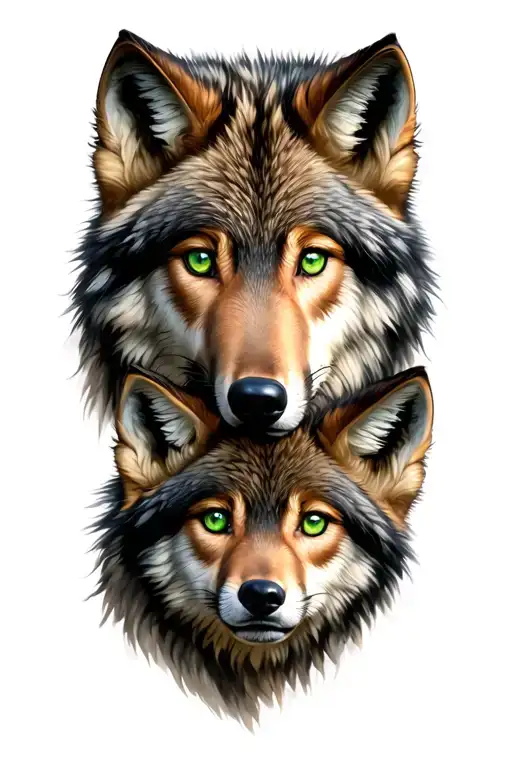 Female Wolf Face With Green Eyes And Cub Surrounded